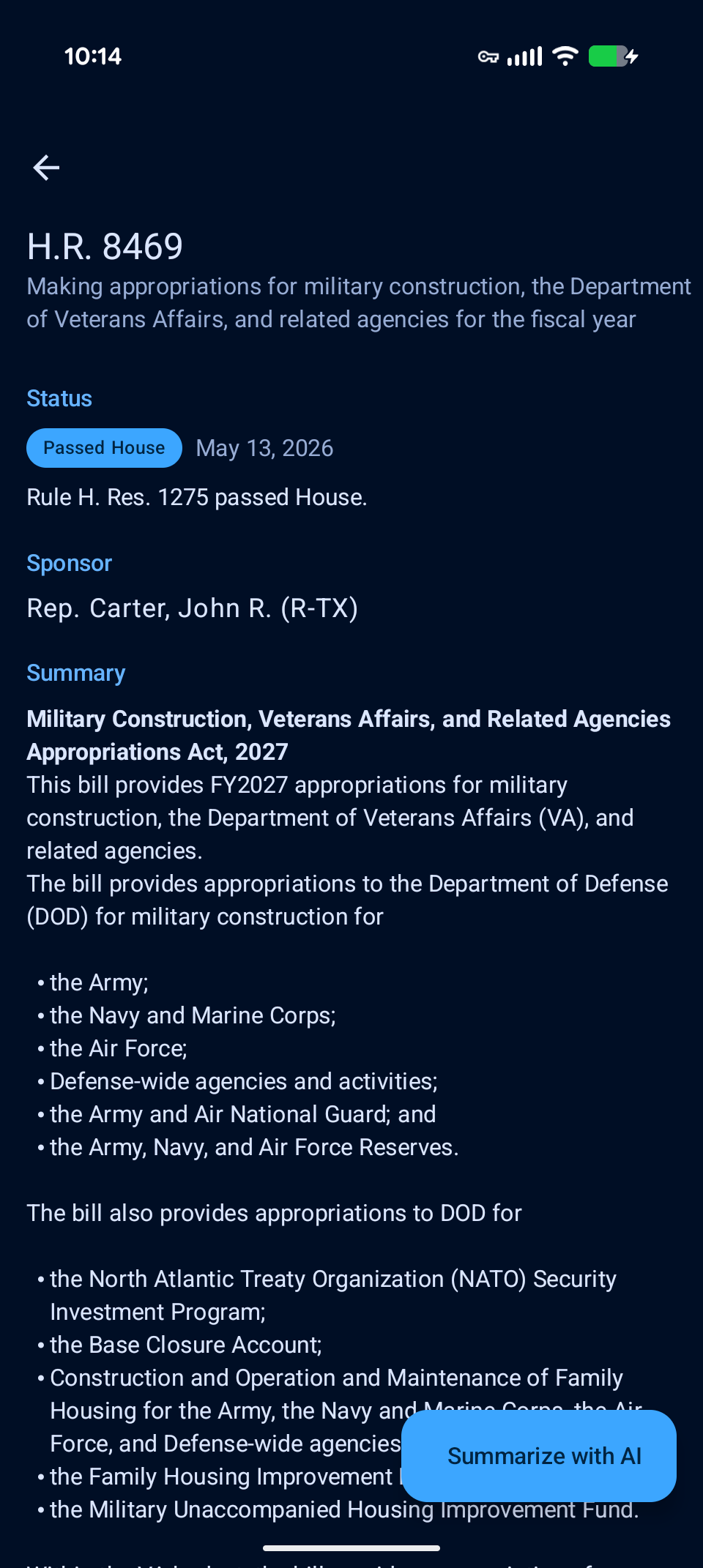 Bill detail showing H.R. 8469 — headline, passed-House status, sponsor, and the start of the CRS plain-English summary.