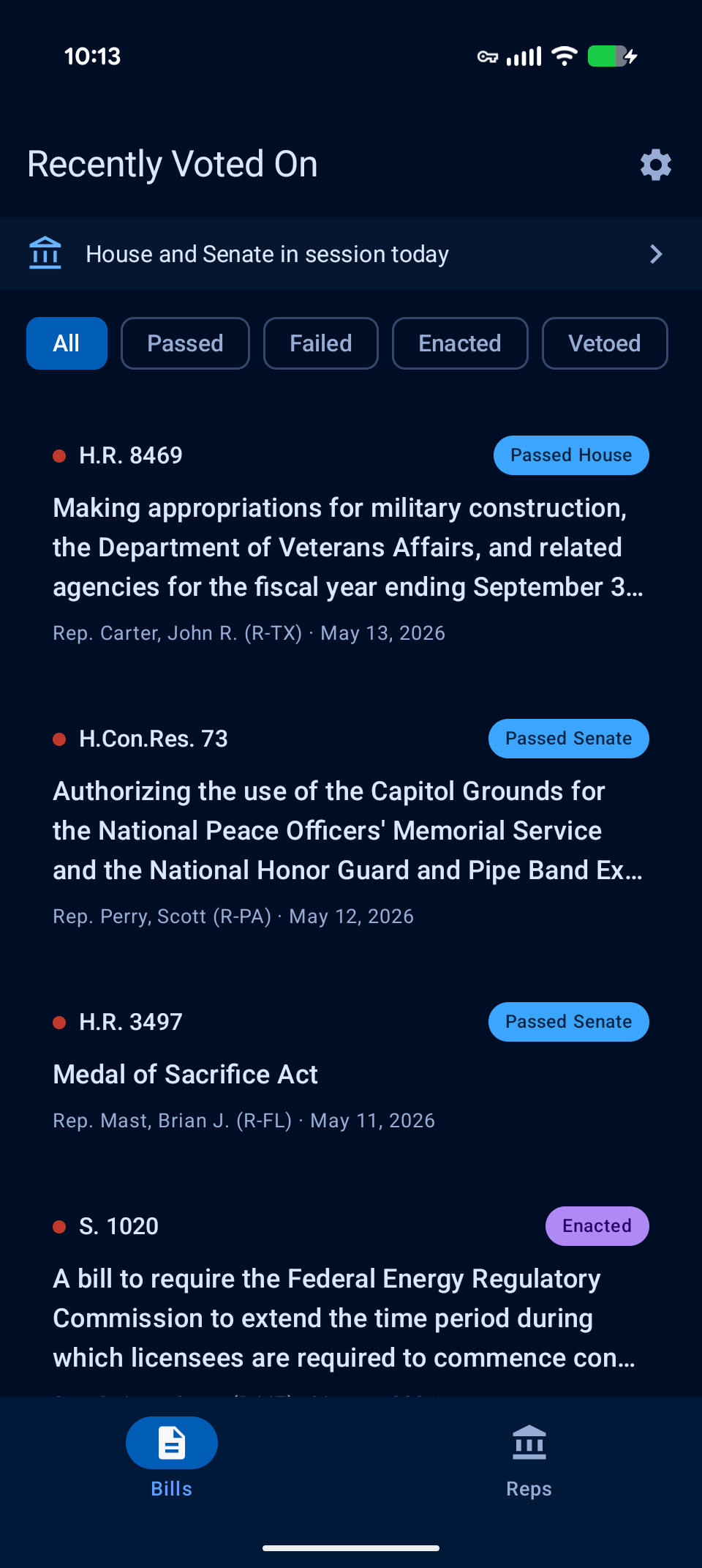 Recently Voted On — in-session status line, the filter chips (All / Passed / Failed / Enacted / Vetoed), and the first few bills of the current Congress.