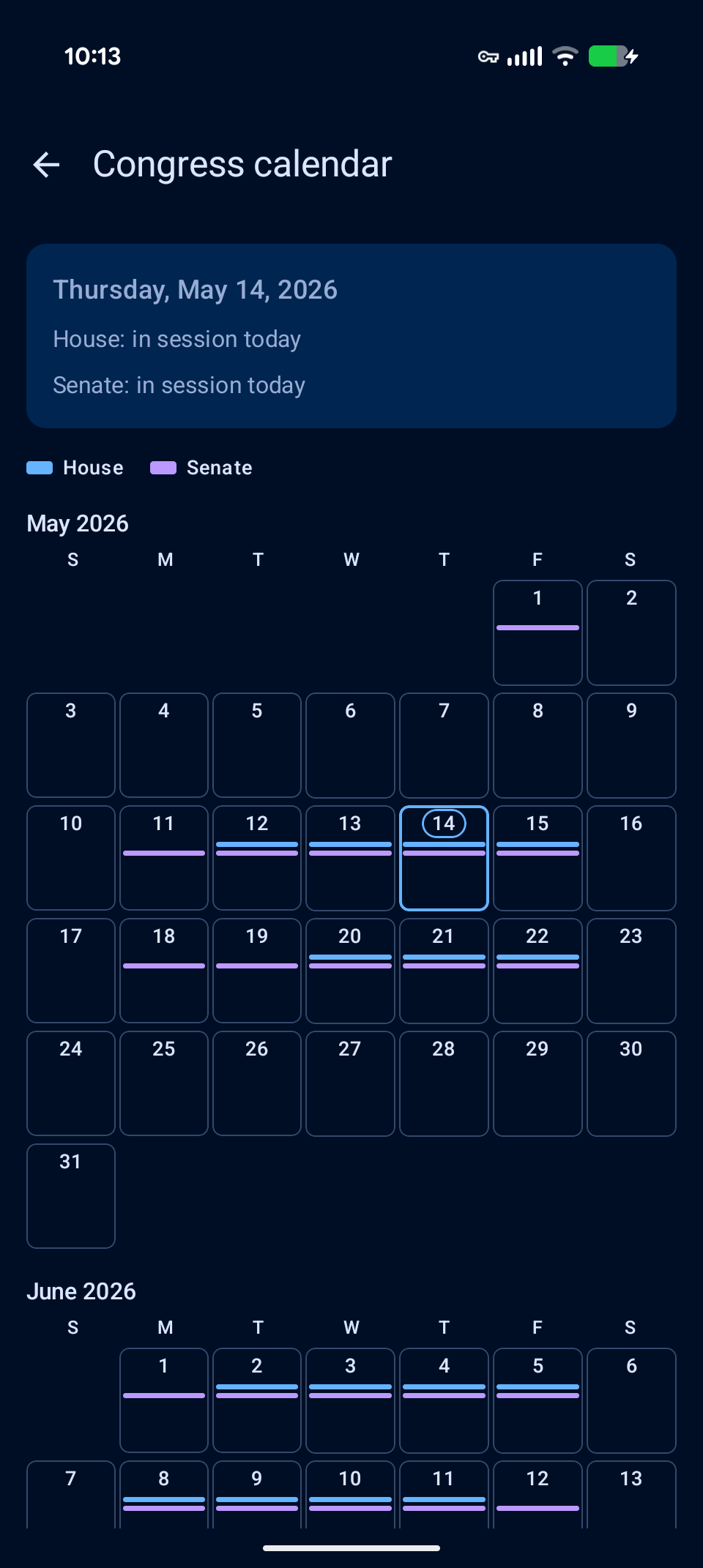 Congress calendar — today-card answering whether the House and Senate are in session, plus the May 2026 grid with House (blue) and Senate (purple) session-day bars.
