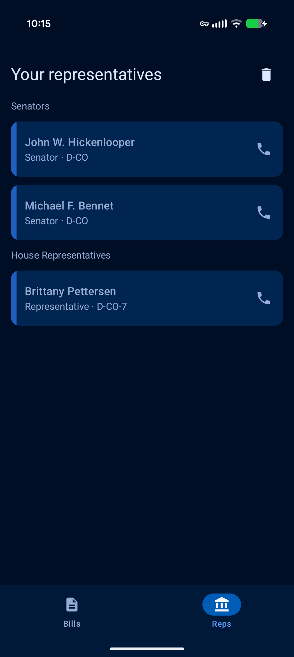 Your representatives — both senators and the House representative, each card carrying a phone-dial button.