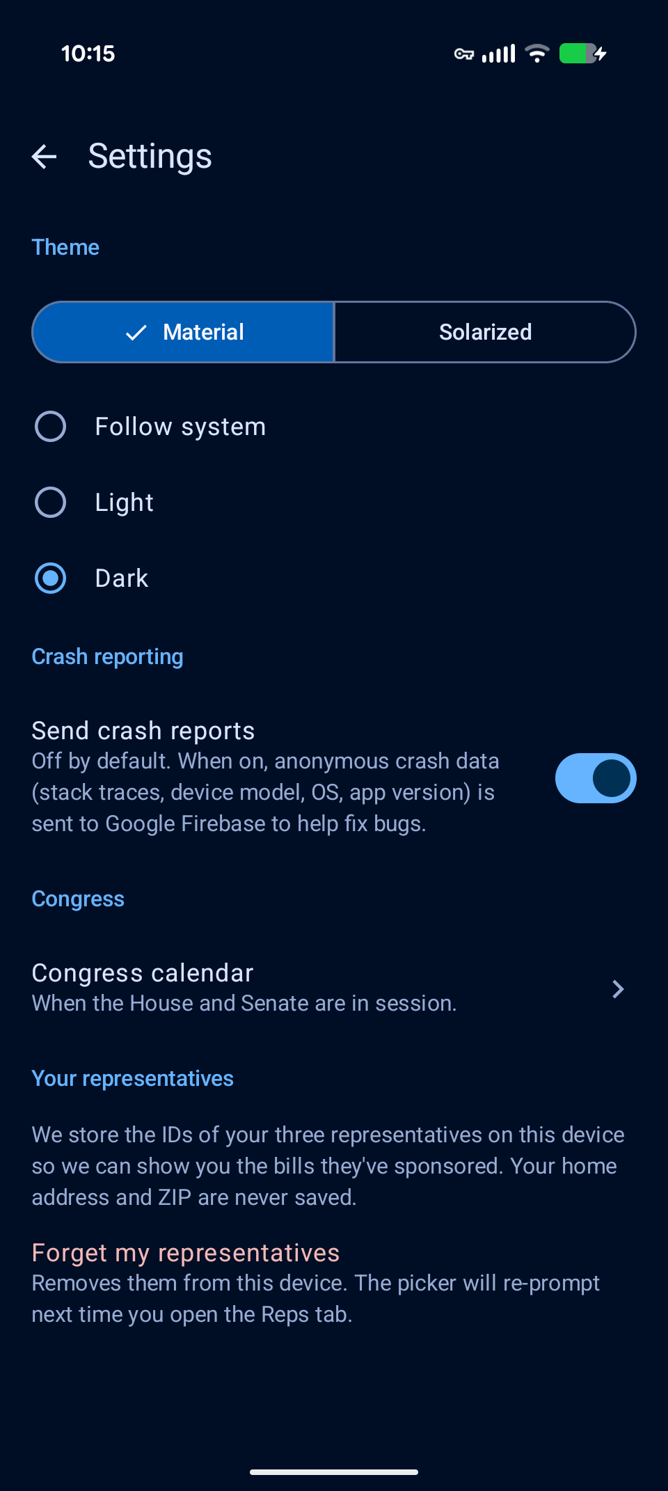 Settings — the Theme picker (Material/Solarized + Follow system/Light/Dark) and the off-by-default Send-crash-reports toggle.